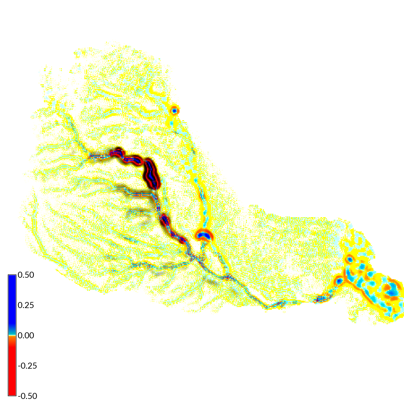 Erosion and deposition simulated by SIMWE after a 50 mm/hr rainfall event lasting 120 min