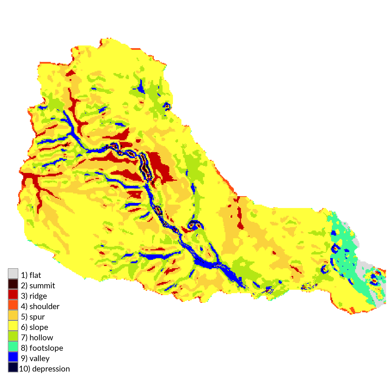 Landforms simulated by SIMWE after a 50 mm/hr rainfall event lasting 120 min