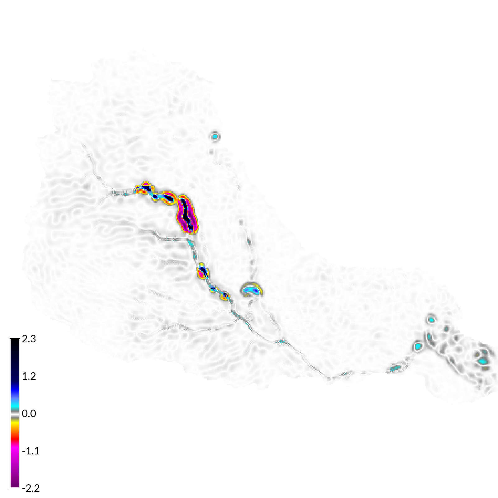 Net difference in elevation simulated by SIMWE after a 50 mm/hr rainfall event lasting 120 min