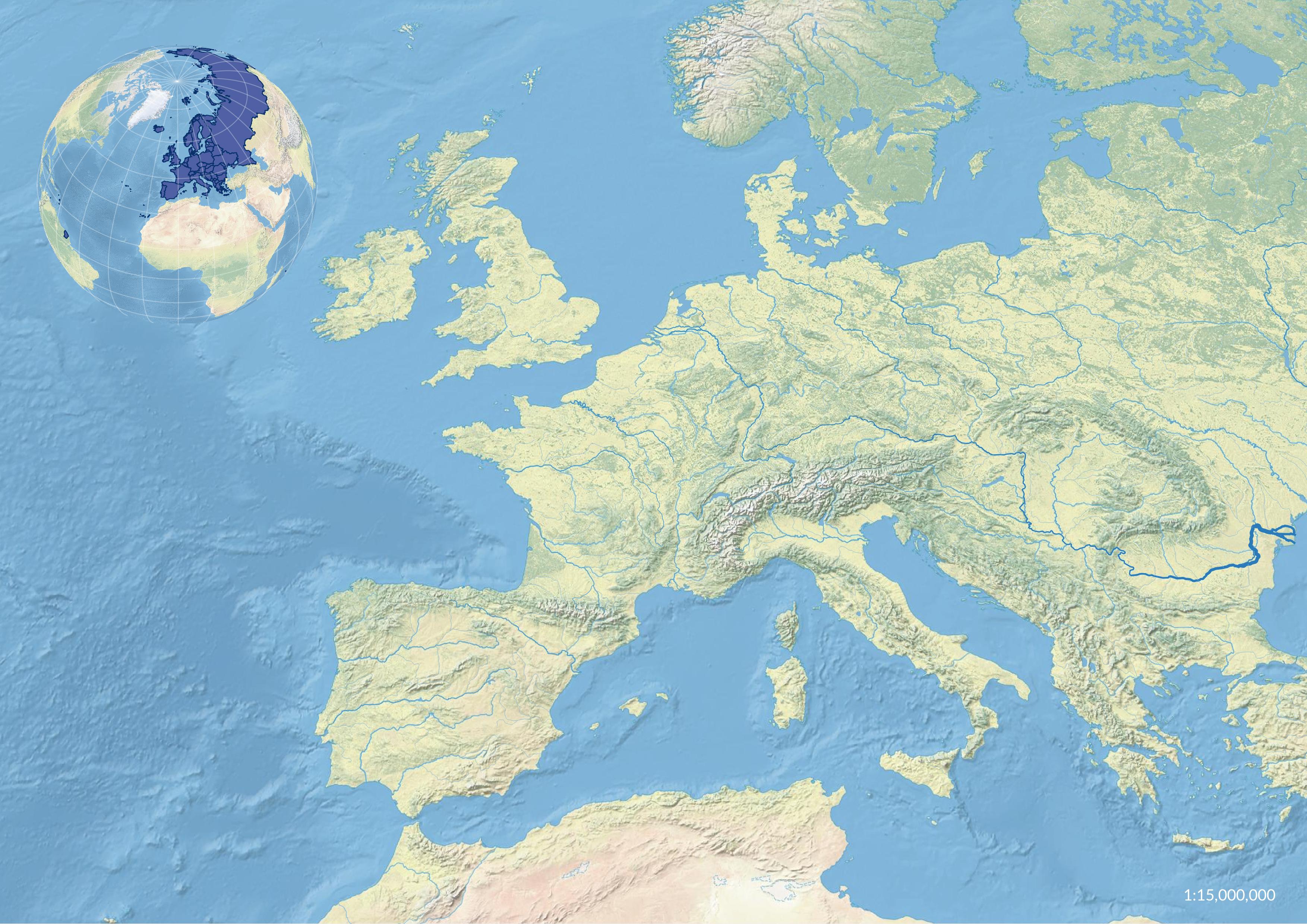 Natural Earth Map of Europe with Rivers