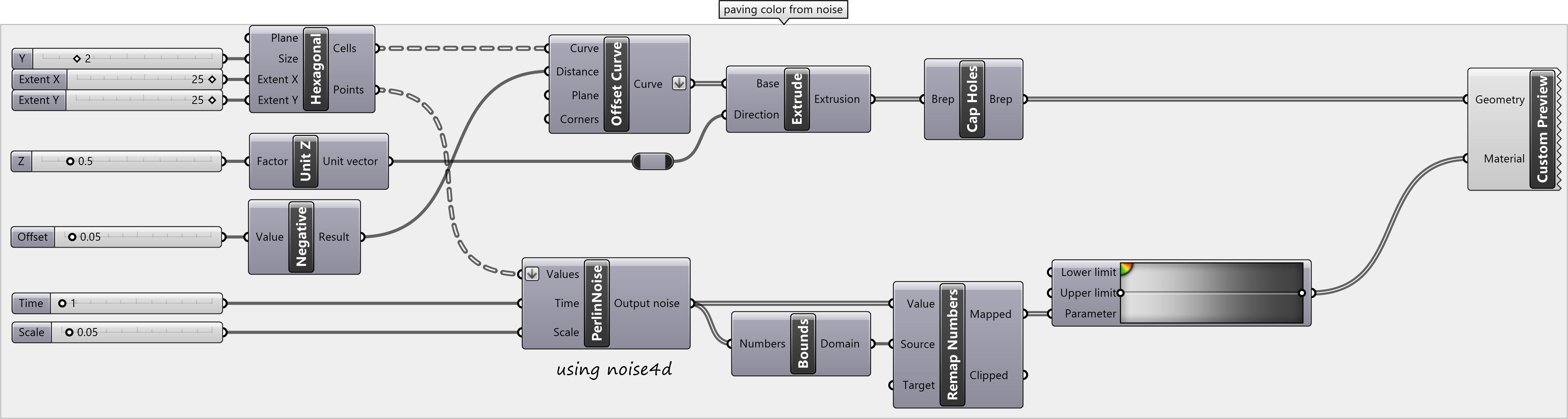 Grasshopper program for hexagonal paving from noise