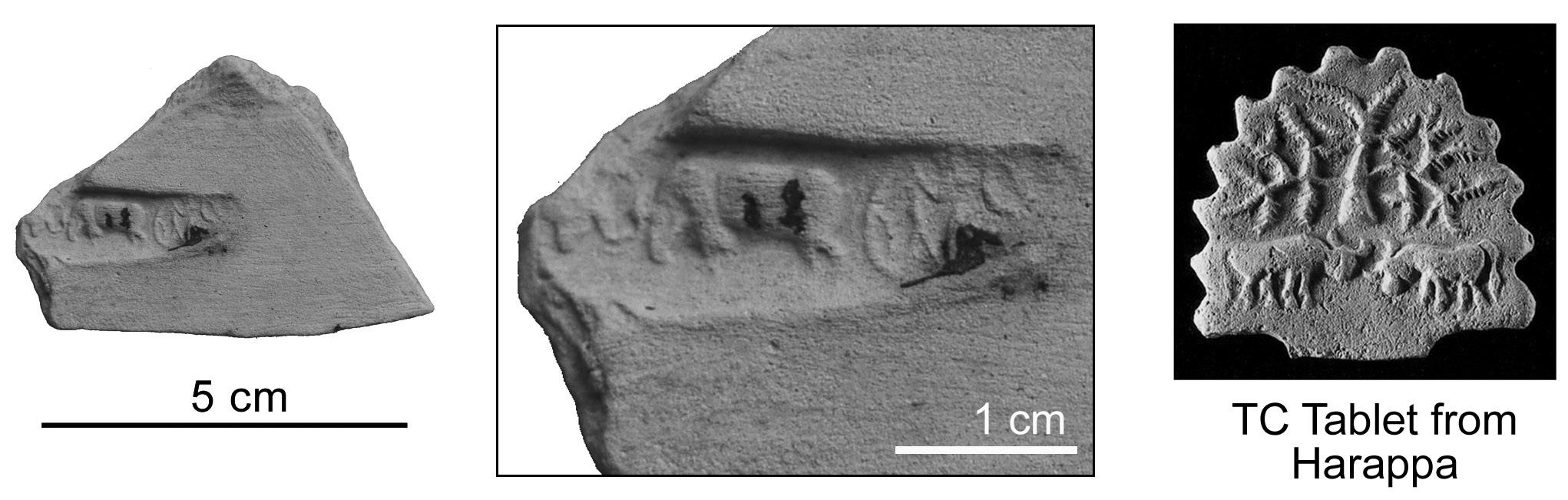Salūt jar fragment and close-up beside a separate Harappa tablet