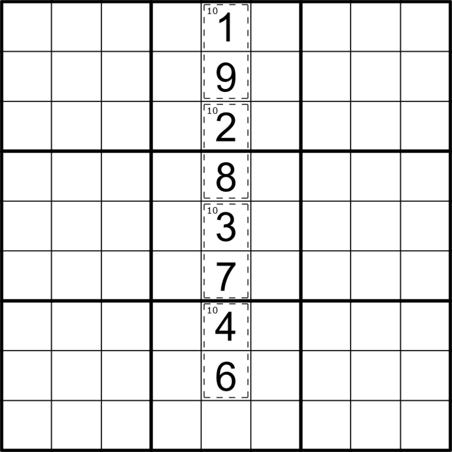 Sudoku grid, all squares empty except for the middle column, column 5, which has 8 rows filled. Each continguous two rows form a killer cage and are marked as grouped together. From top to bottom: first group is a cell with value 1 and a pencil mark indicating a cage sum of 10, cell with value 9. Second group is a cell with value 2 and a pencil mark of 10, cell with value 8. Third group is a cell with value 3 and a pencil mark of 10, cell with value 7. Fourth group is a cell with value 4 and a pencil mark of 10, cell with value 6. The last cell in the column is empty.