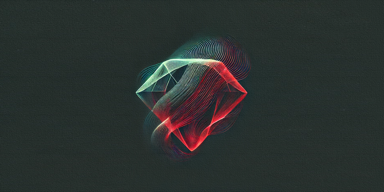 The image features a logo with curved lines forming a ruby, suggesting distortion and movement like space-time.