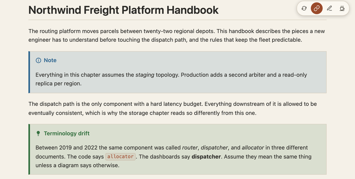 Handbook title and admonitions in the cream preview theme