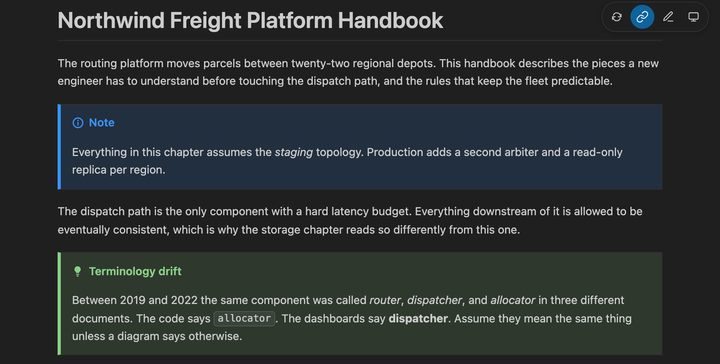 Handbook title and admonitions in the dark preview theme