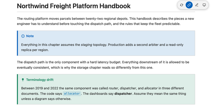 Handbook title and admonitions in the white preview theme
