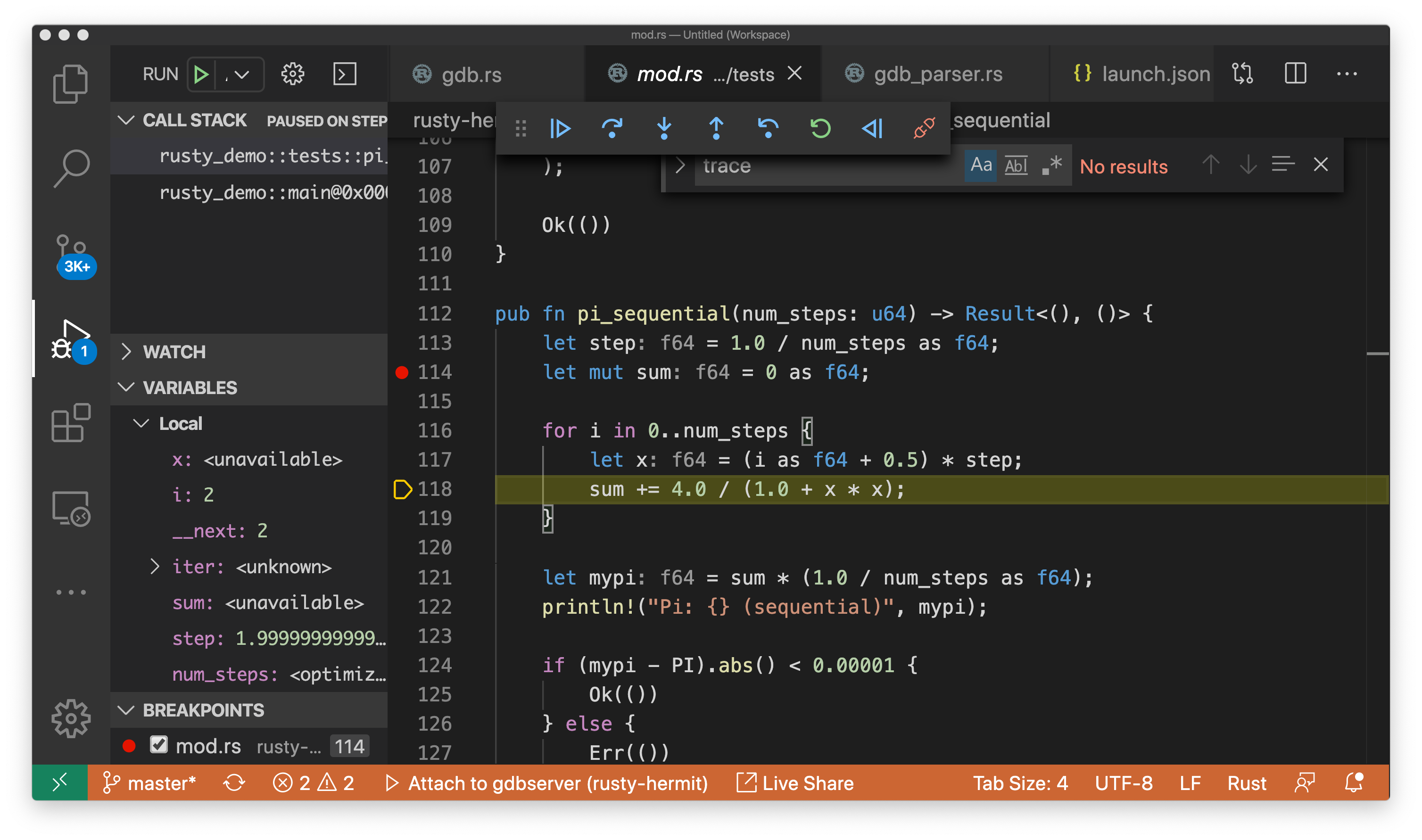 Screenshot of Visual Studio Code on macOS debugging the rusty_demo app