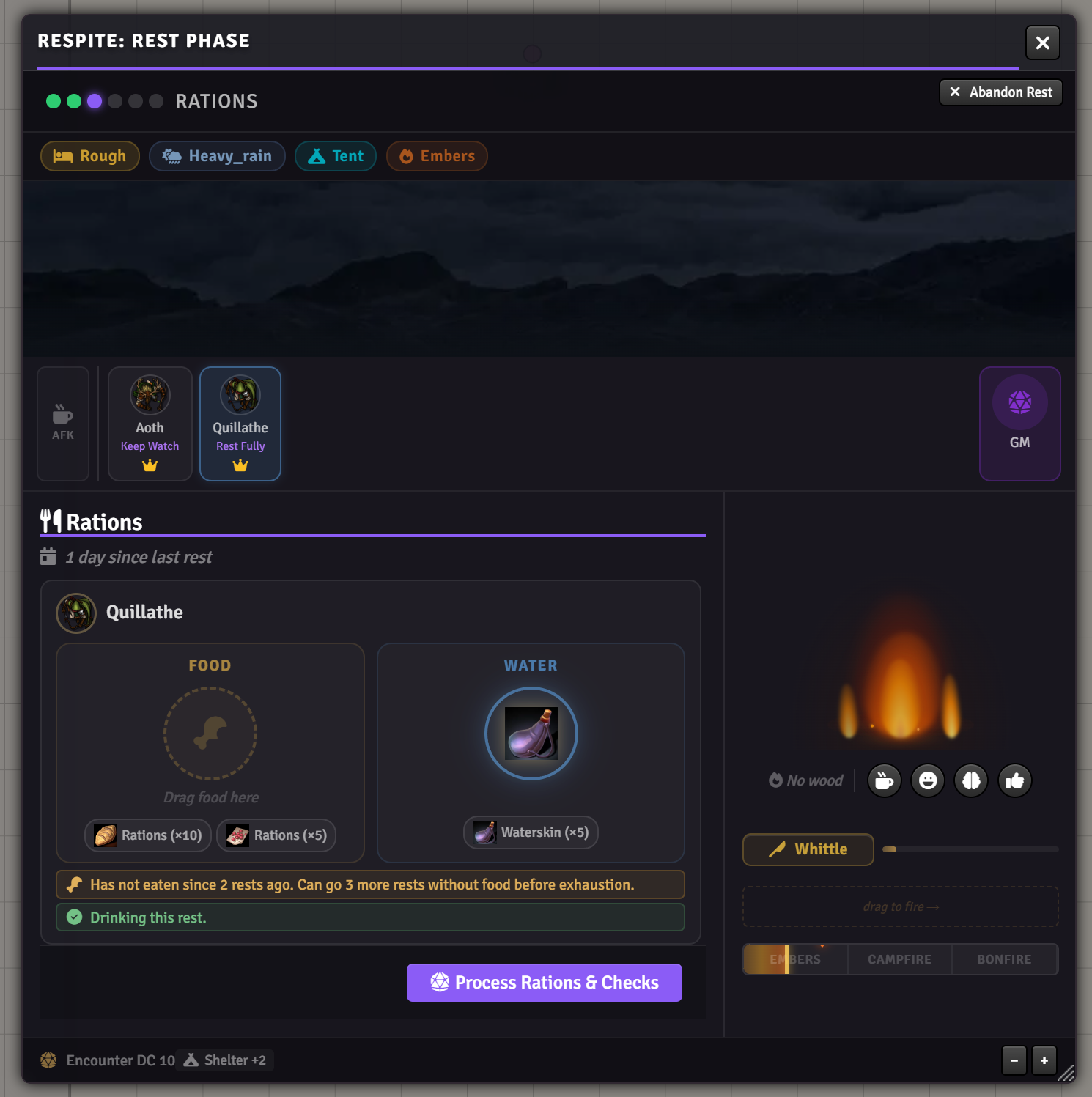 Rations phase with drag-and-drop food and water