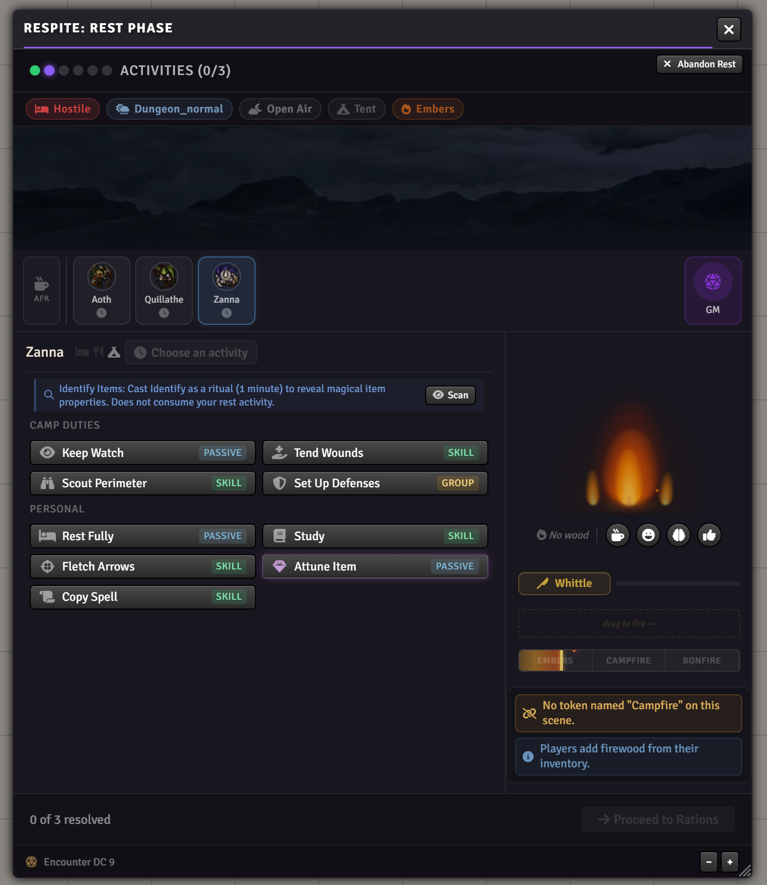Activity grid with self-serve options and campfire