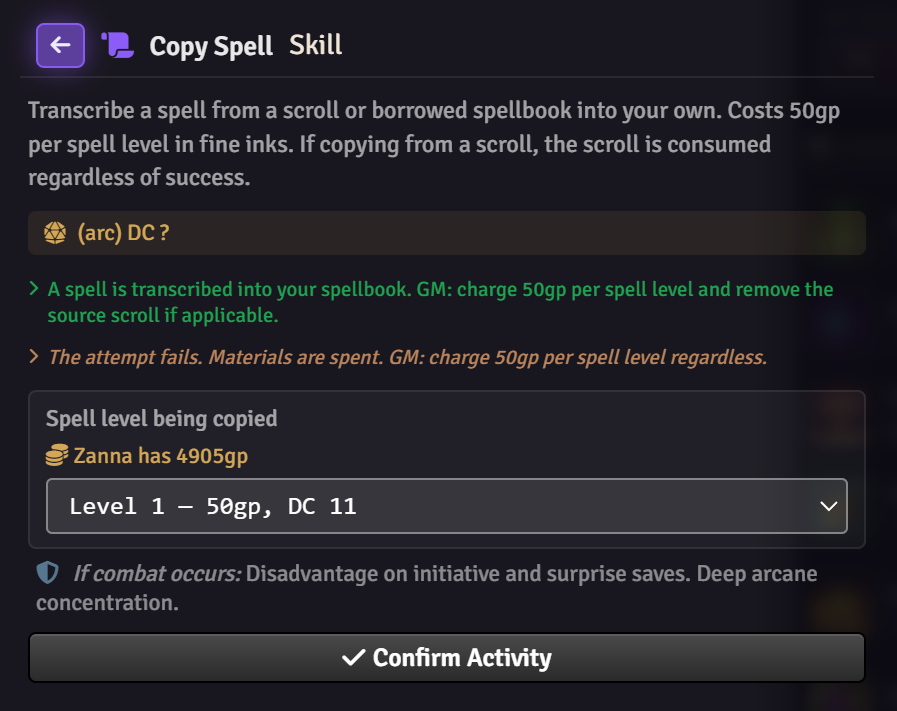 Copy Spell with gold cost and Arcana DC