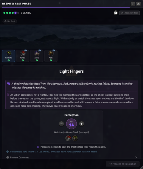 Light Fingers event with narration, GM context, and group Perception check