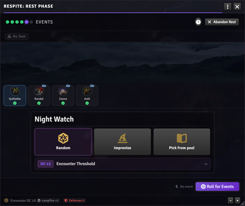 Night Watch event picker with Random, Improvise, and Pick from pool