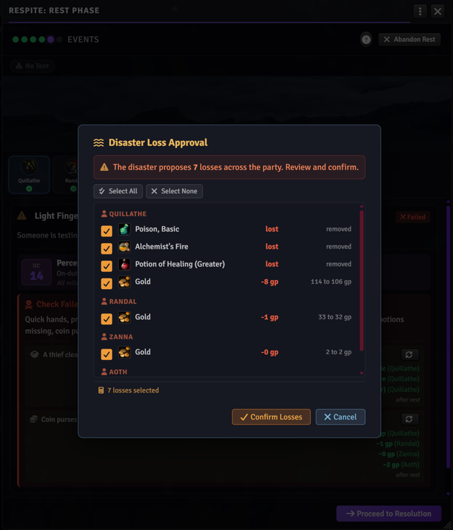 Disaster Loss Approval modal with per-character checkboxes and Confirm Losses