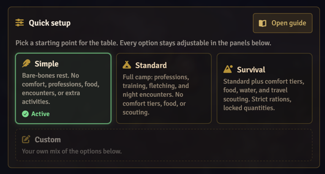 Simple, Standard, and Survival rest profile cards