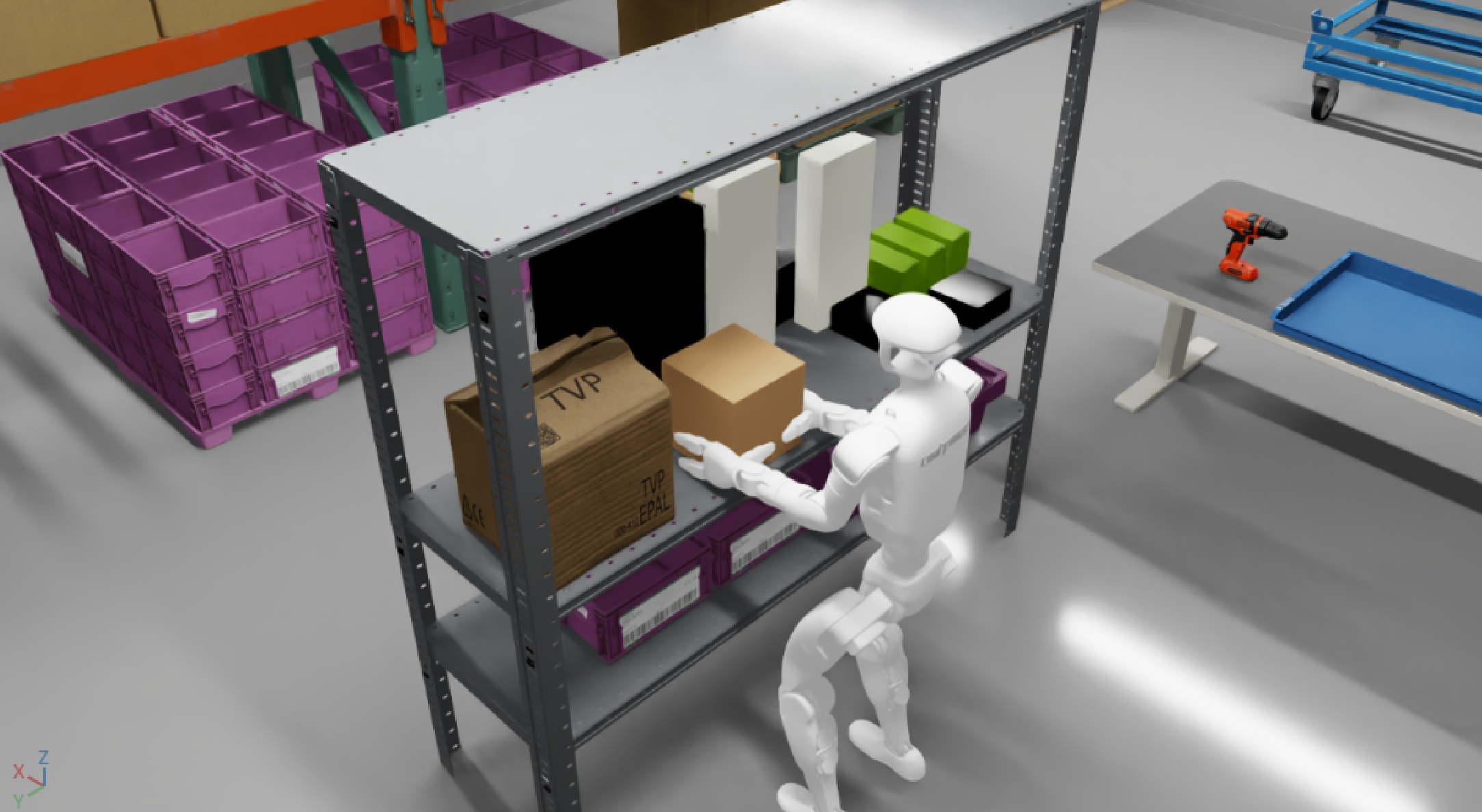 A simulated Unitree G1 picking a box from a warehouse shelf