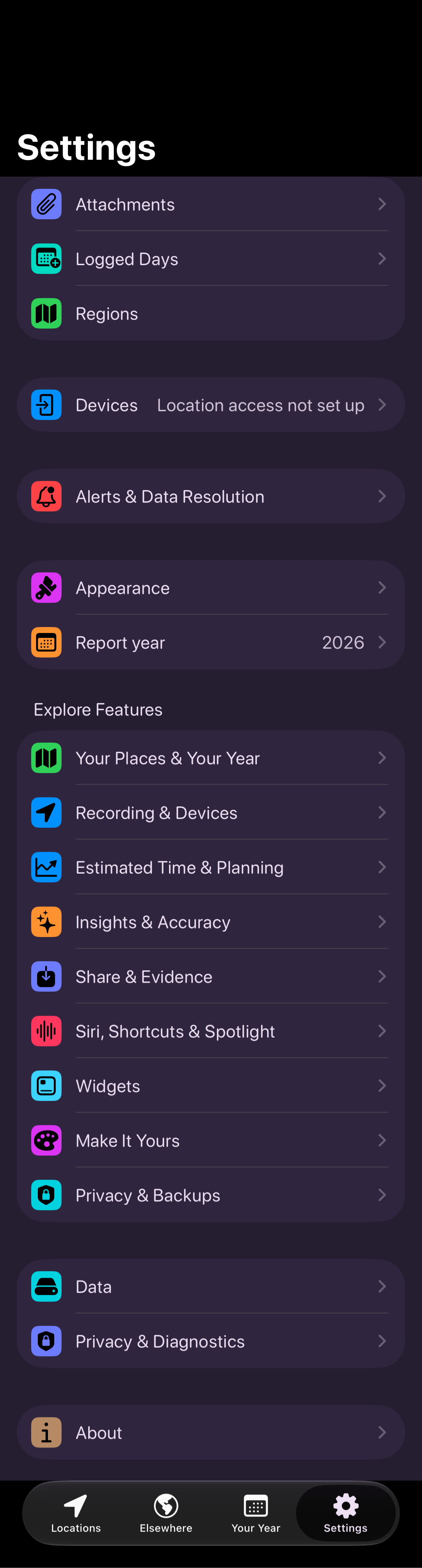 Settings in dark appearance