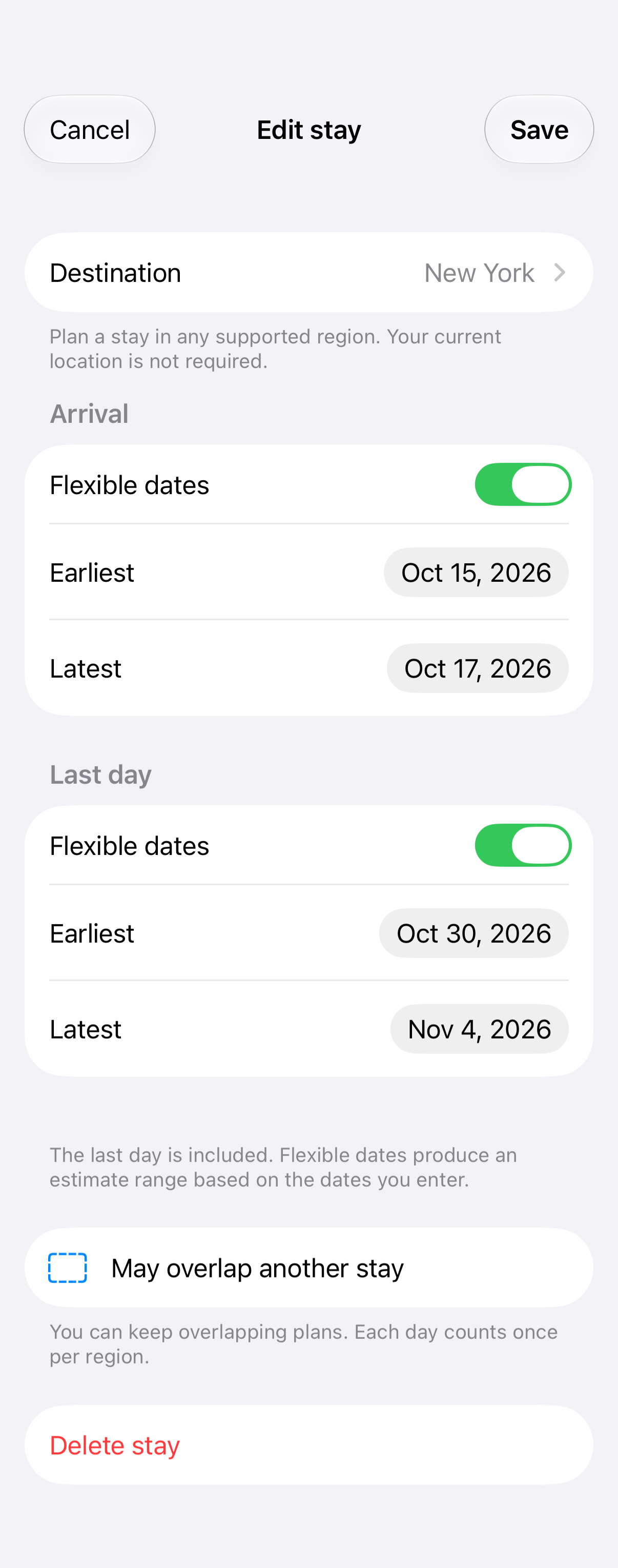 Planned Stay Editor in light appearance