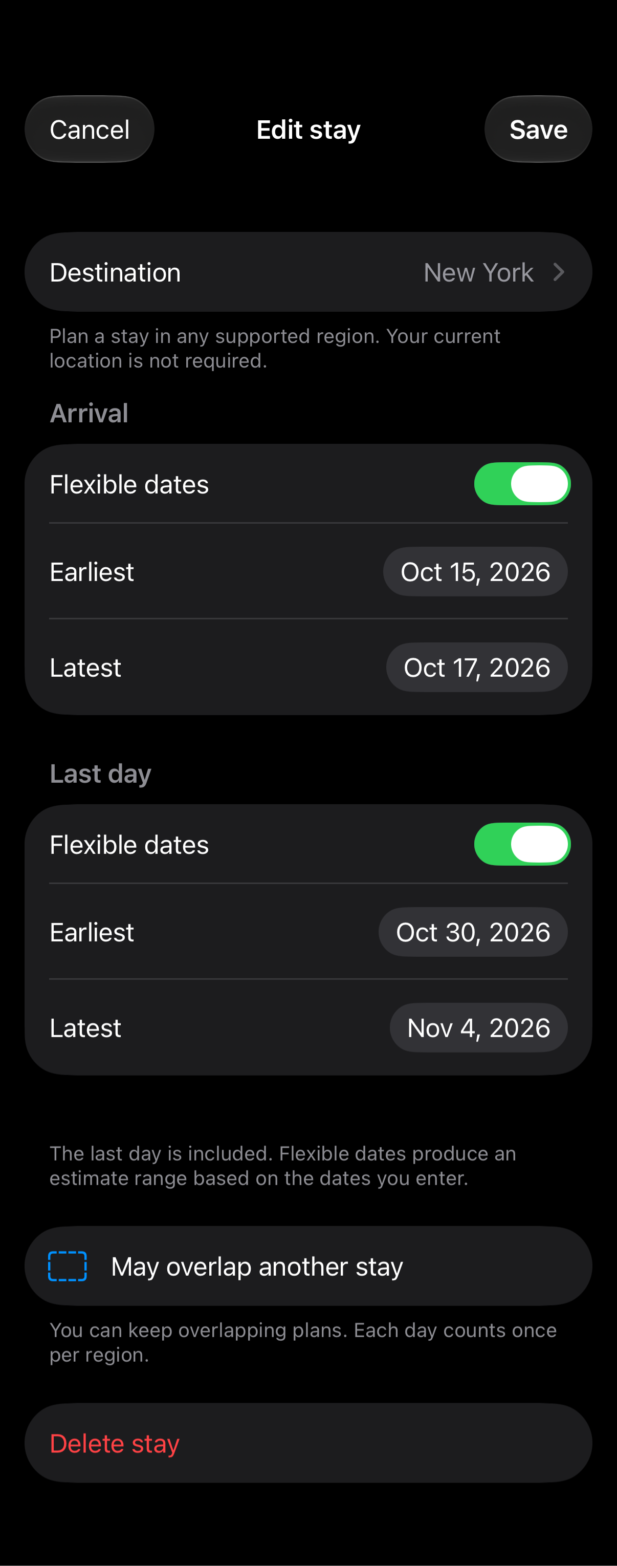 Planned Stay Editor in dark appearance