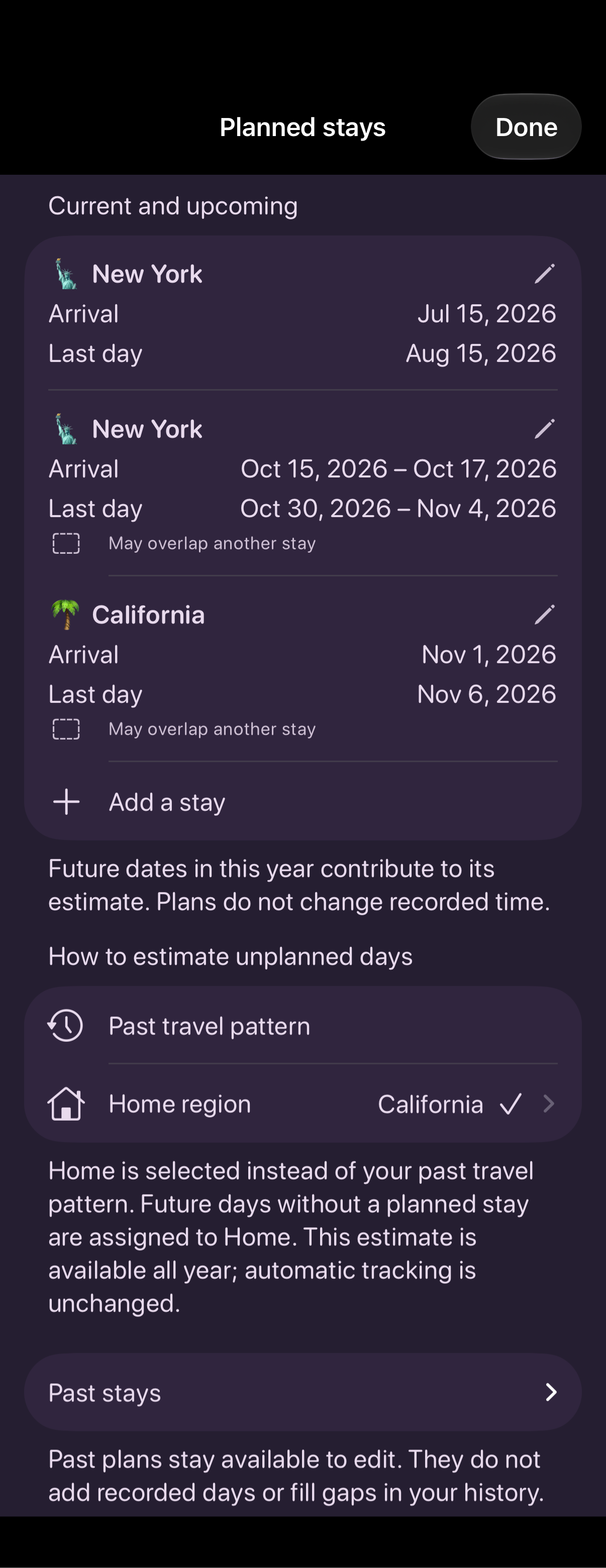 Planned Stays in dark appearance