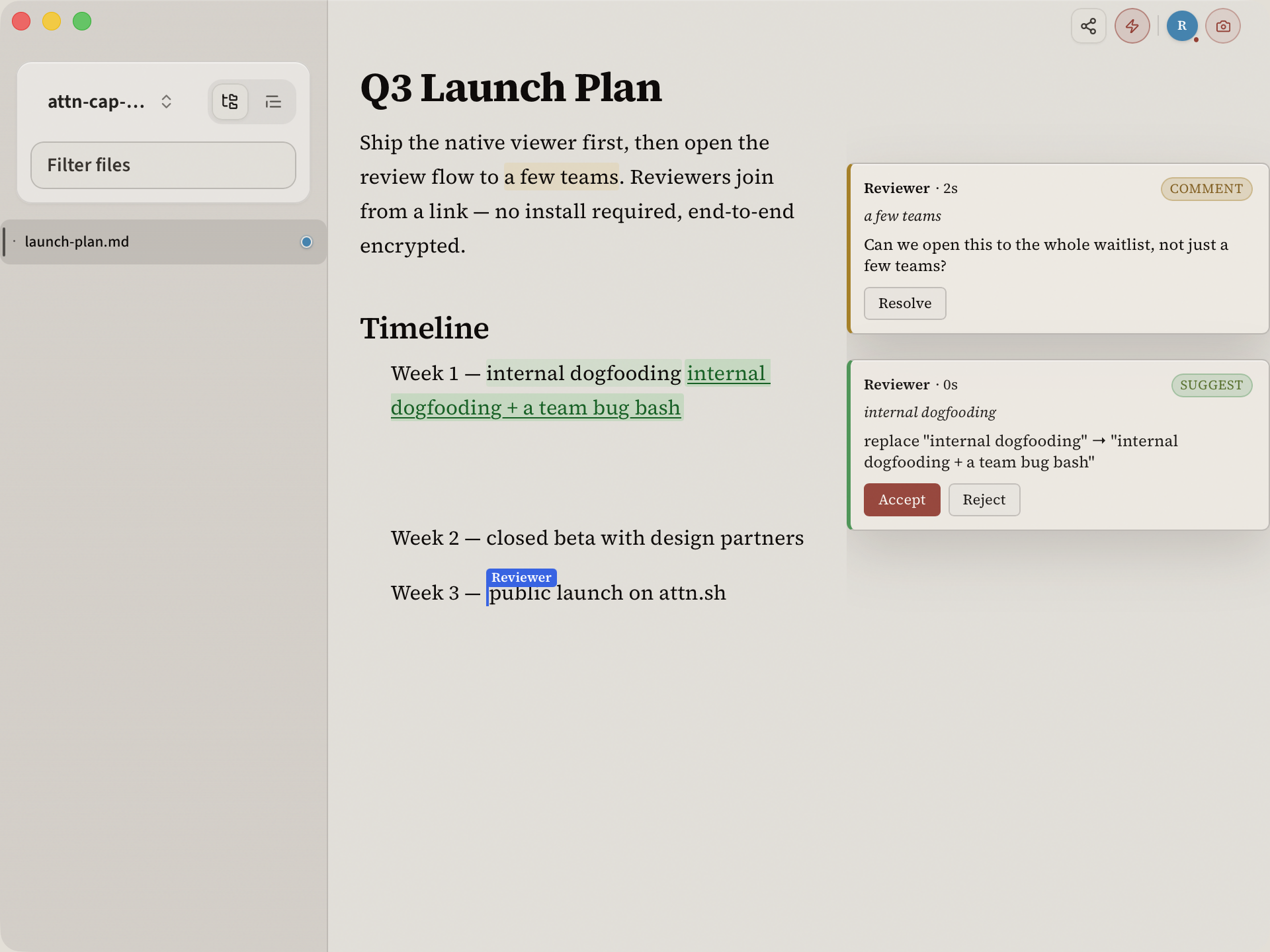 attn showing a shared markdown review with comments, suggestions, and a collaborator cursor