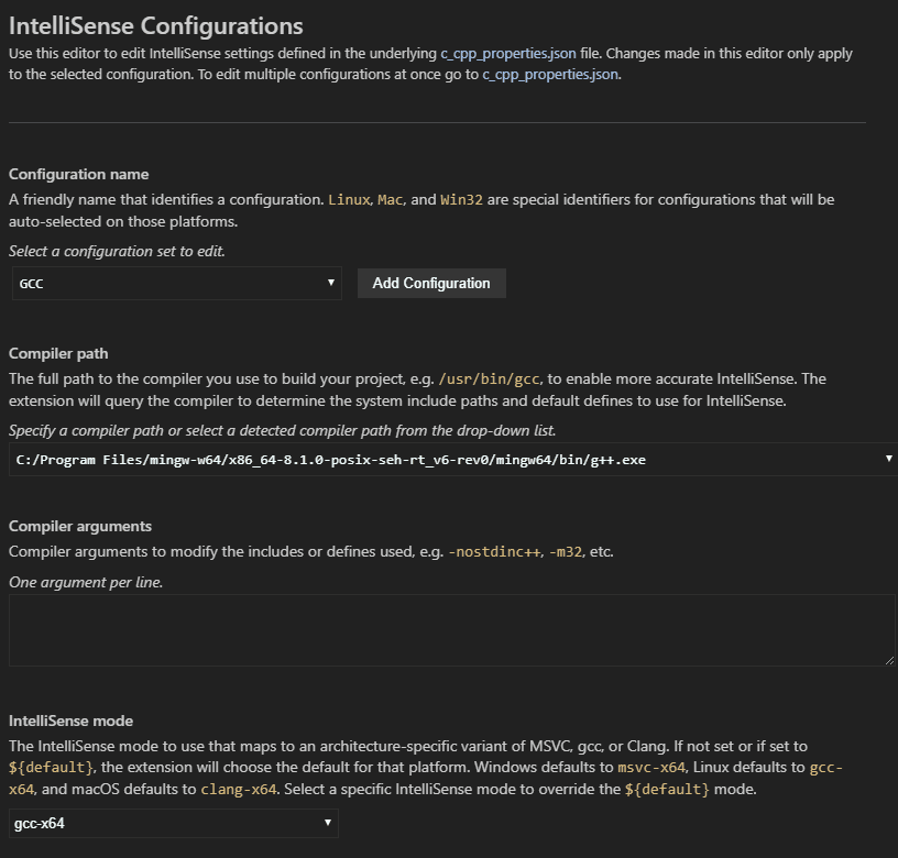 Intellisense configurations. GCC update. Mingw64.