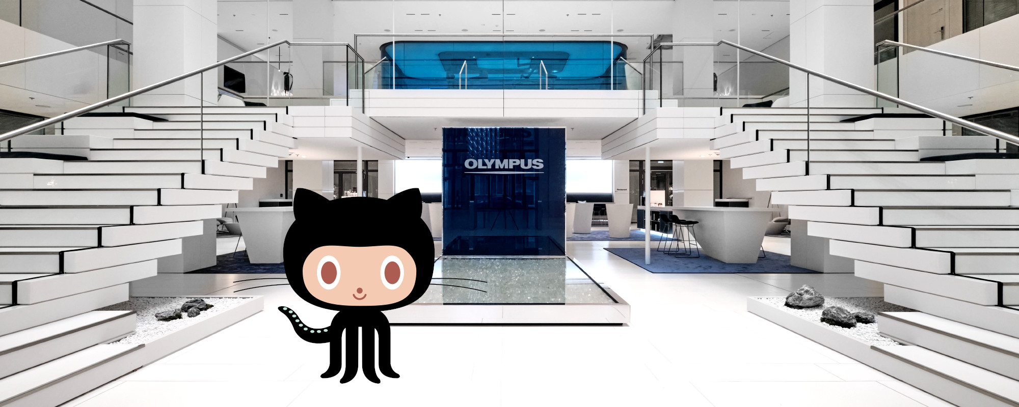 GitHub's Octocat standing in the lobby of Olympus Europa SE & Co. KG in Hamburg, Germany.