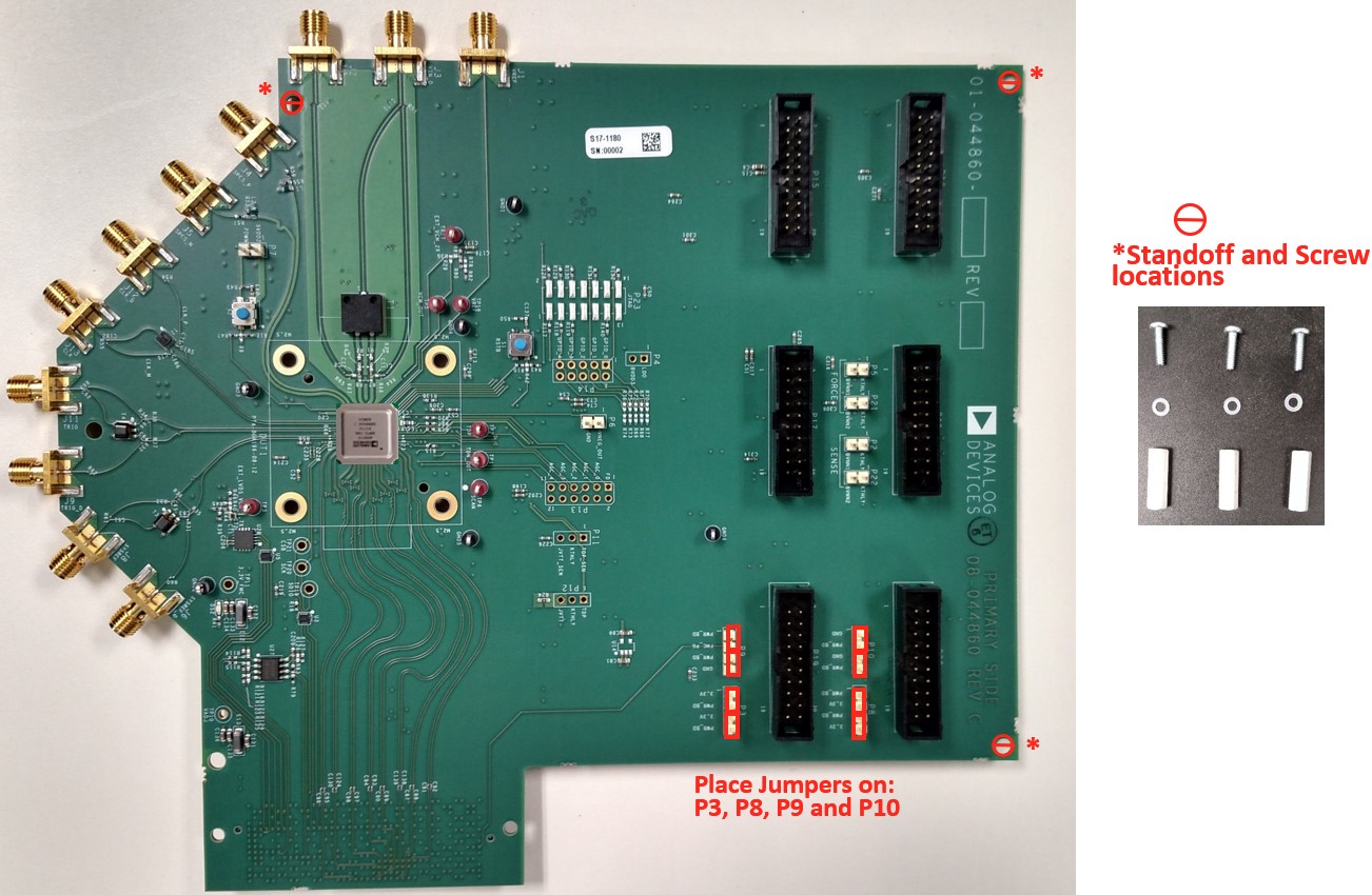 AD9213 evaluation board showing standoff and screw positions