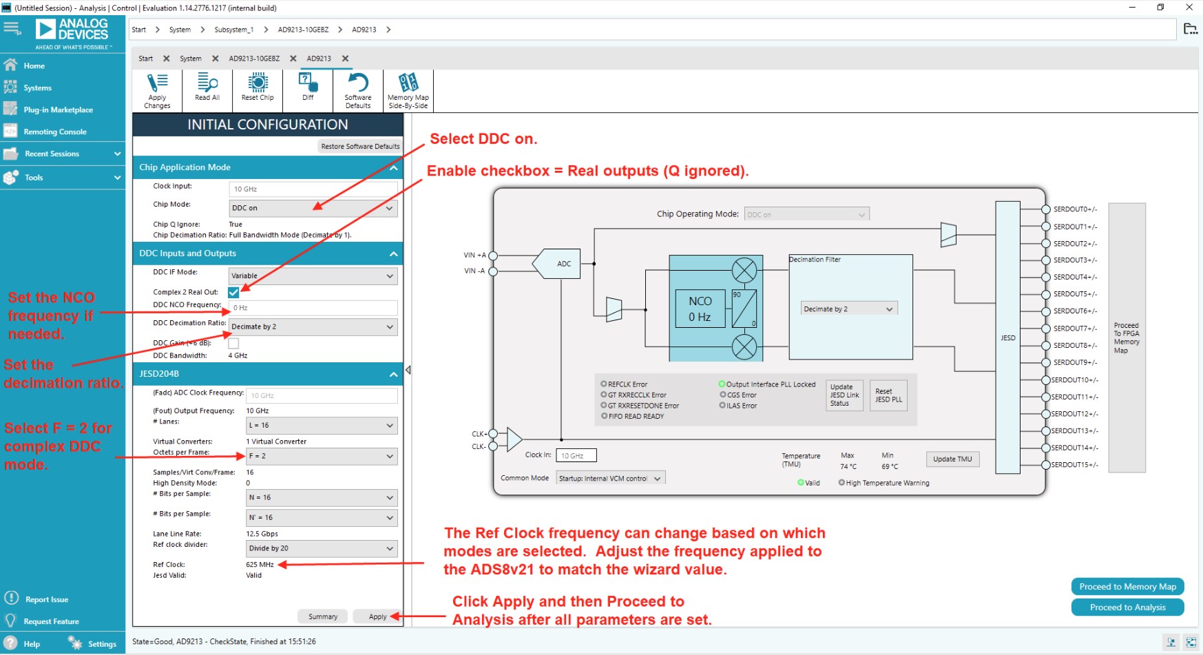 AD9213/AD9217 DDC and NCO configuration summary in ACE