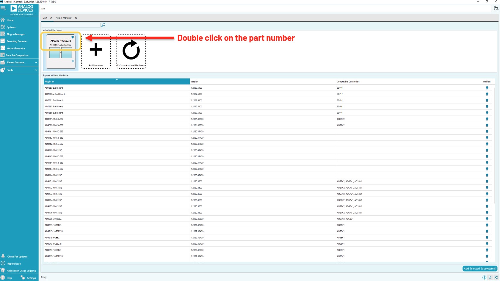 ACE software start page with AD9213/AD9217 plugin detected