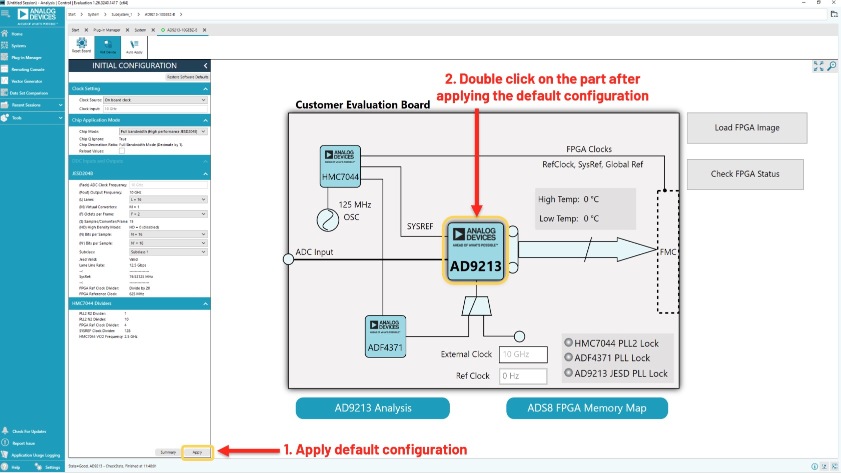 ACE Initial Configuration menu with default full bandwidth settings applied for on-board clocking