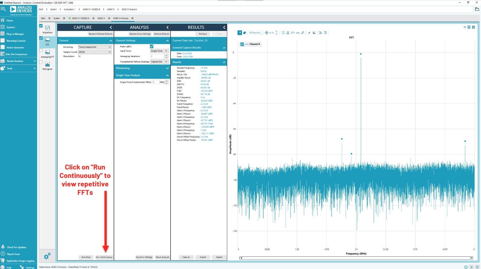 ACE analysis page showing repetitive FFT running continuously in full bandwidth mode