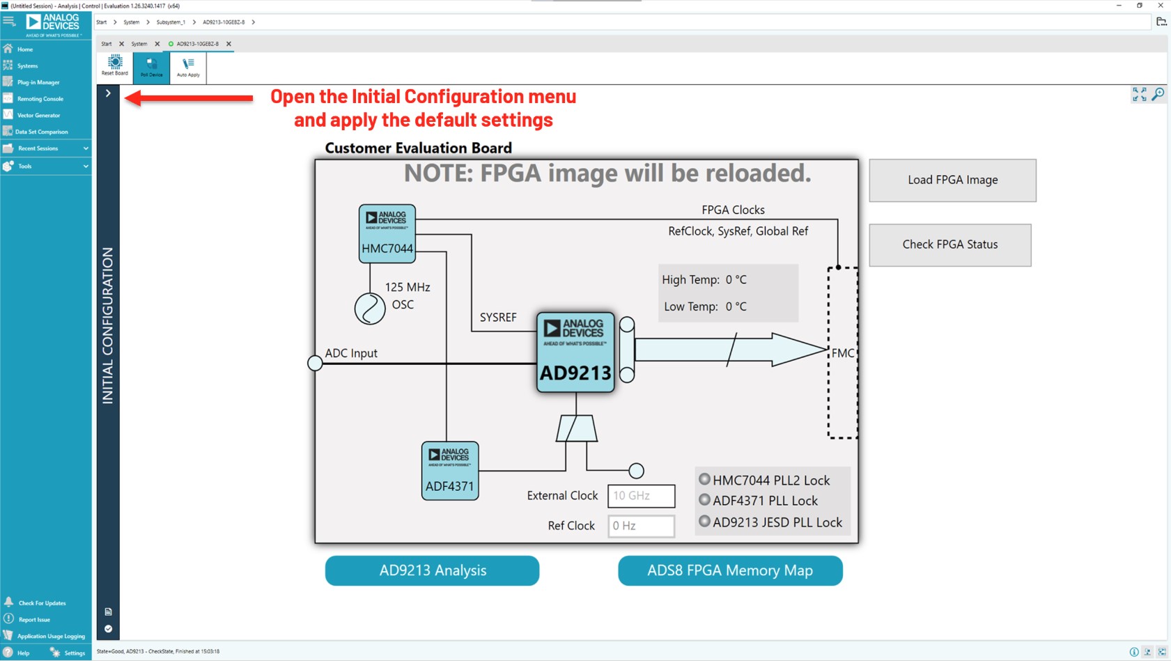 ACE showing the Initial Configuration menu opened for external clocking