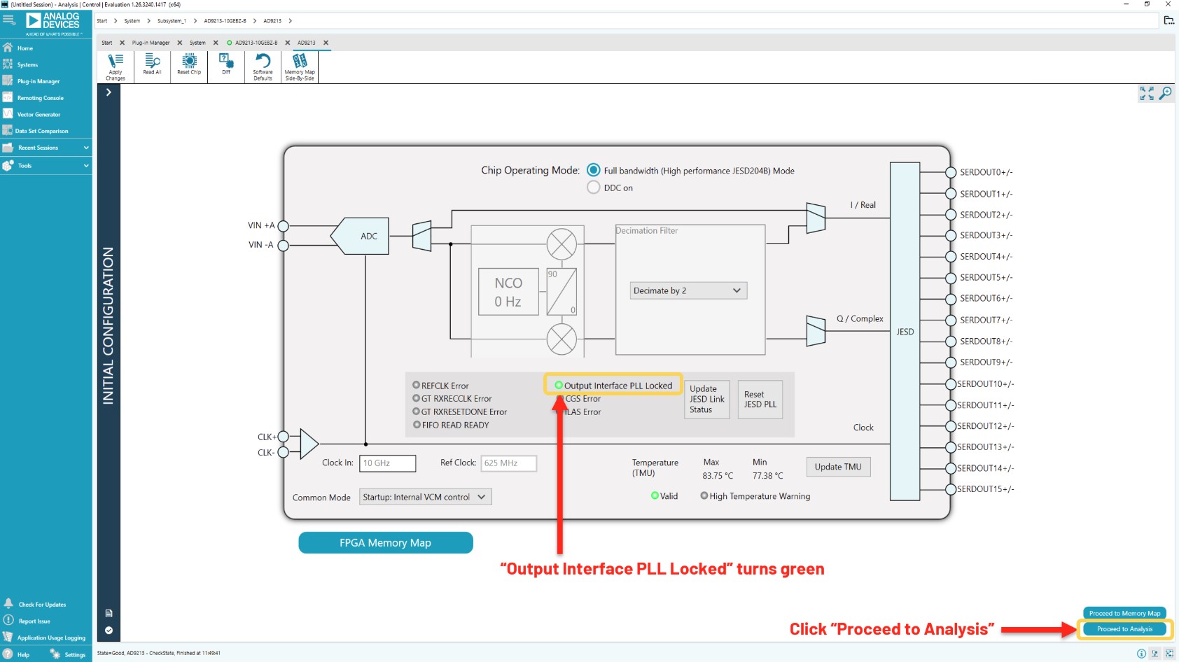 ACE chip view showing PLL locked and Proceed to Analysis in full bandwidth mode