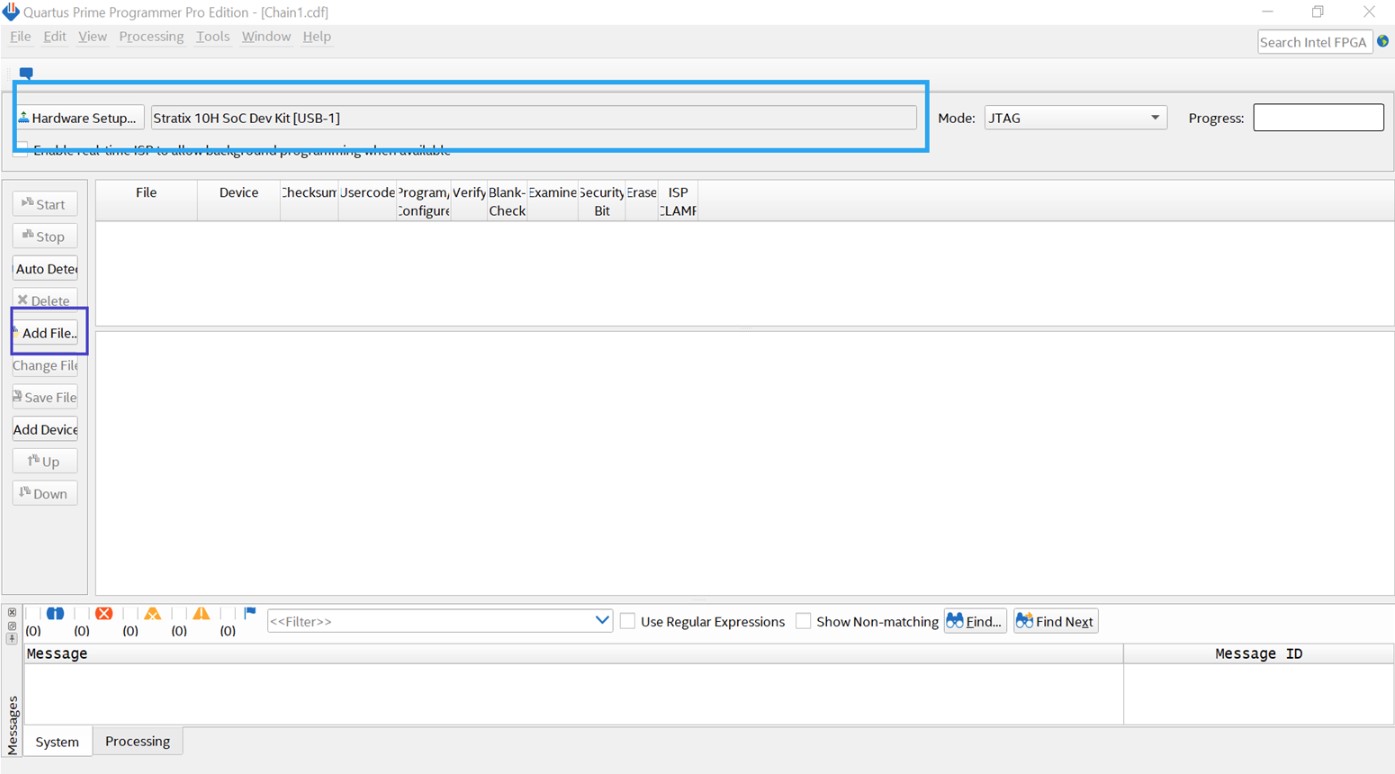 Quartus Prime Programmer Hardware Setup dialog showing the detected Stratix 10 board