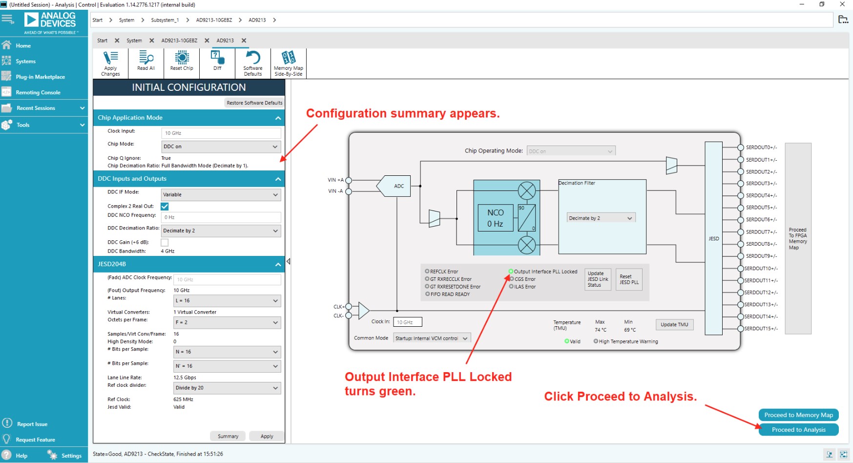 AD9213/AD9217 chip view in ACE after applying the default configuration