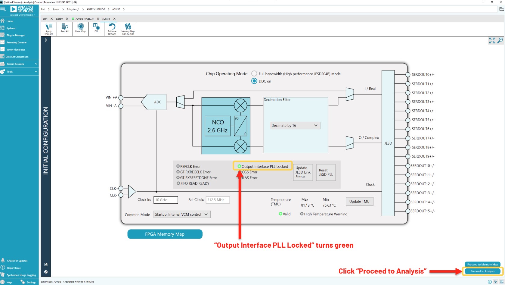 ACE chip view showing PLL locked and Proceed to Analysis in DDC mode