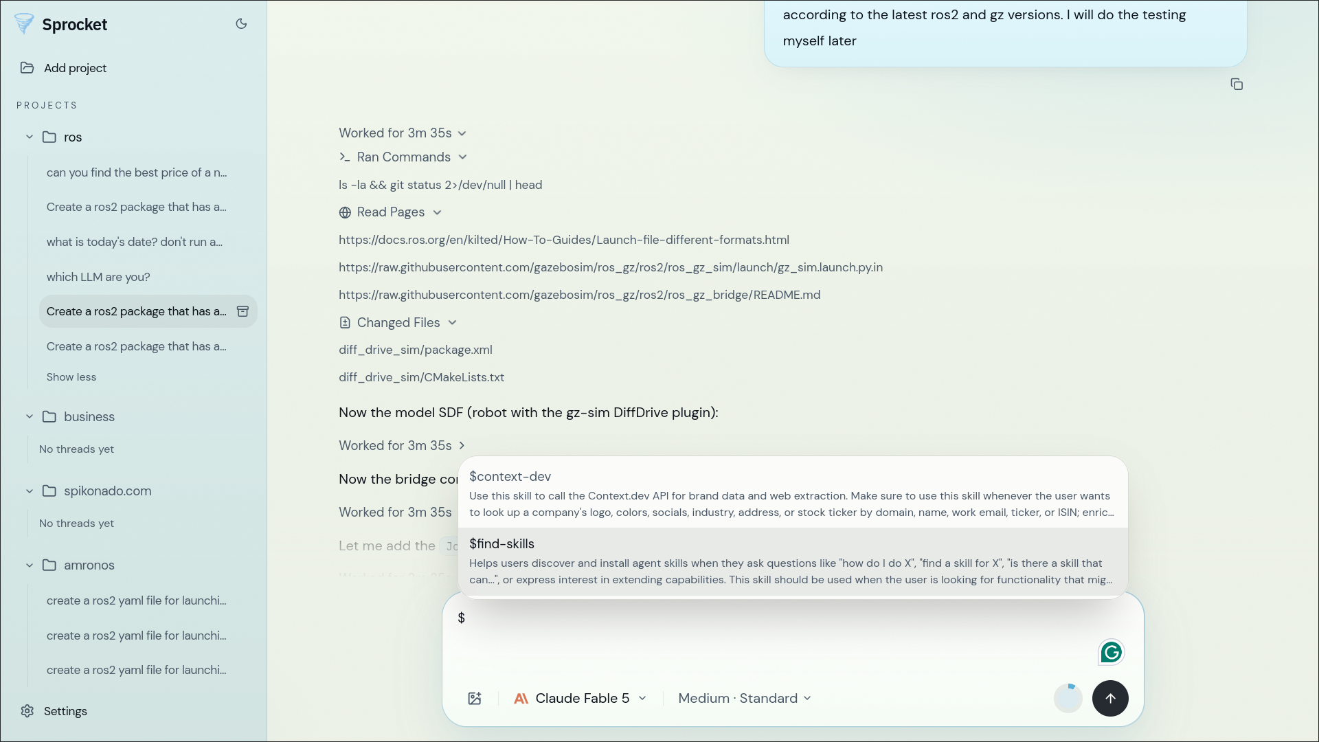 Sprocket engineering agent interface showing multi-step work across a project
