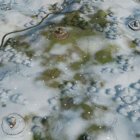 Animated GIF with rotating camera showing snow falling on a small part of CK3 terrain