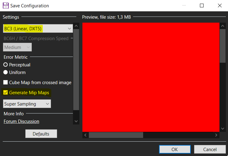 Screenshot of a Paint.NET Save Configuration dialog with BC3 (Linear, DXT5) DDS format selected and Generate Mipmaps checkbox checked