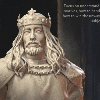 Animated GIF showing gold and marble statue effects in GUI portraits and court room