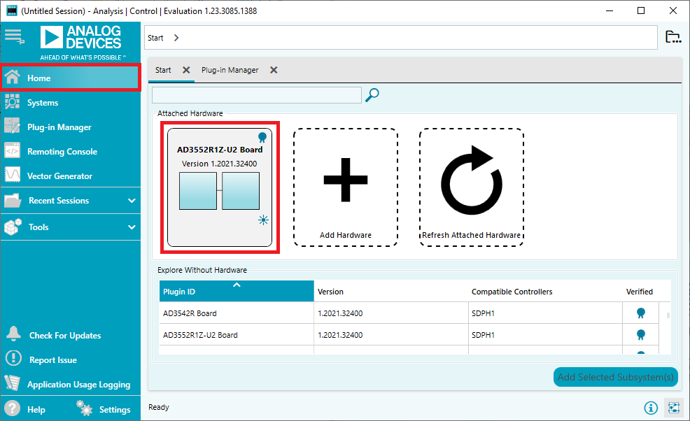 ACE Start Tab showing Attached Hardware