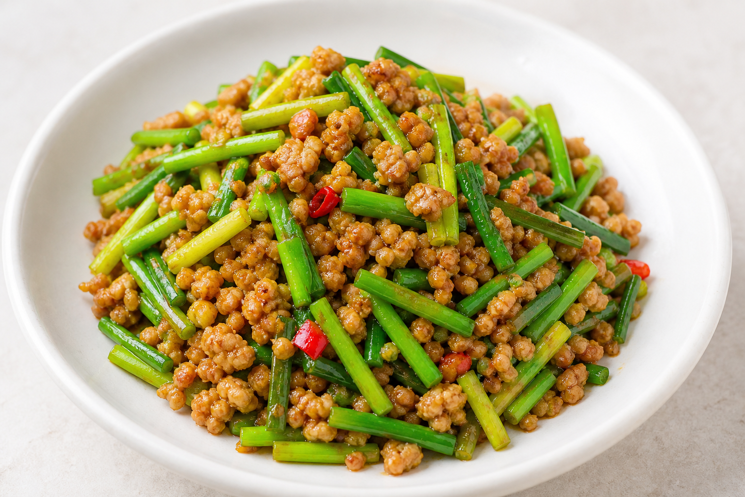 Stir-Fried Garlic Scapes with Minced Pork