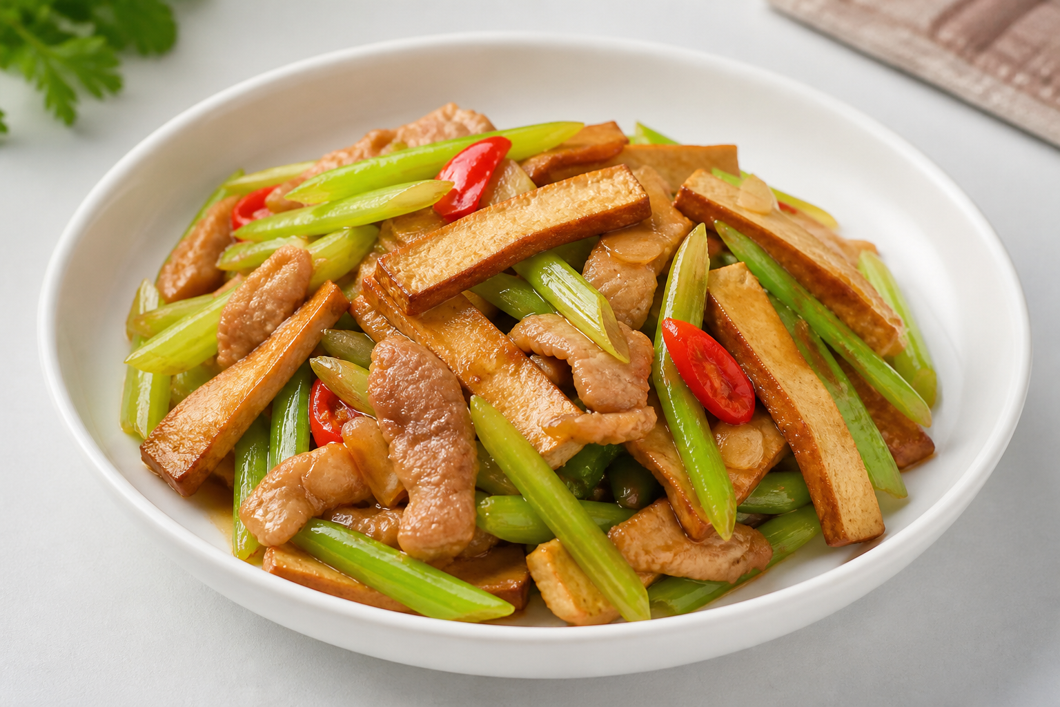 Stir-Fried Dried Tofu, Celery, and Pork