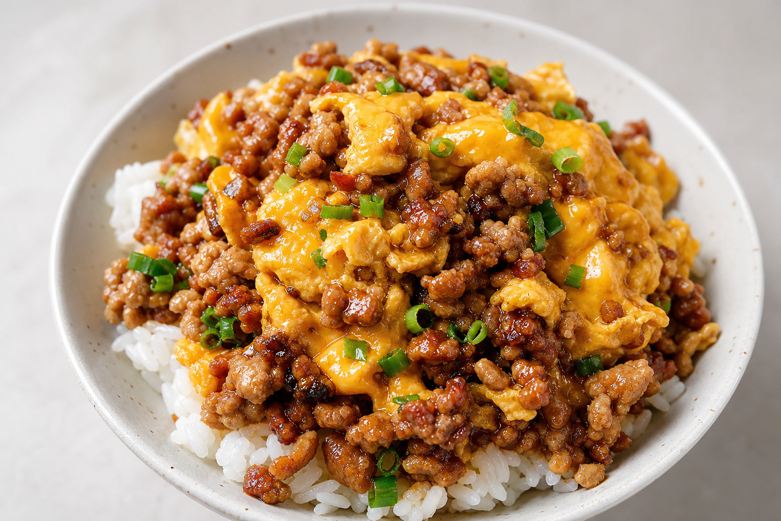 Minced Pork and Egg Rice Bowl