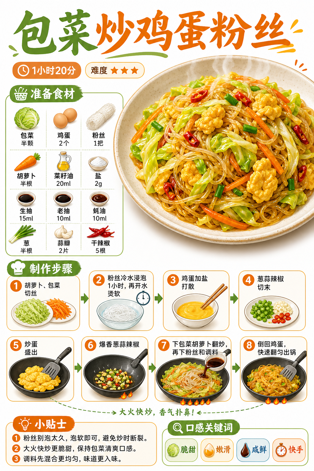 Stir-Fried Cabbage with Egg and Glass Noodles — ingredients and steps overview