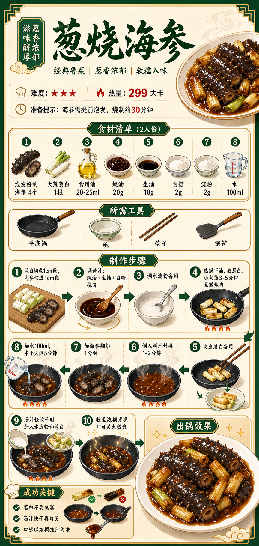 Braised Sea Cucumber with Scallions — ingredients and steps overview