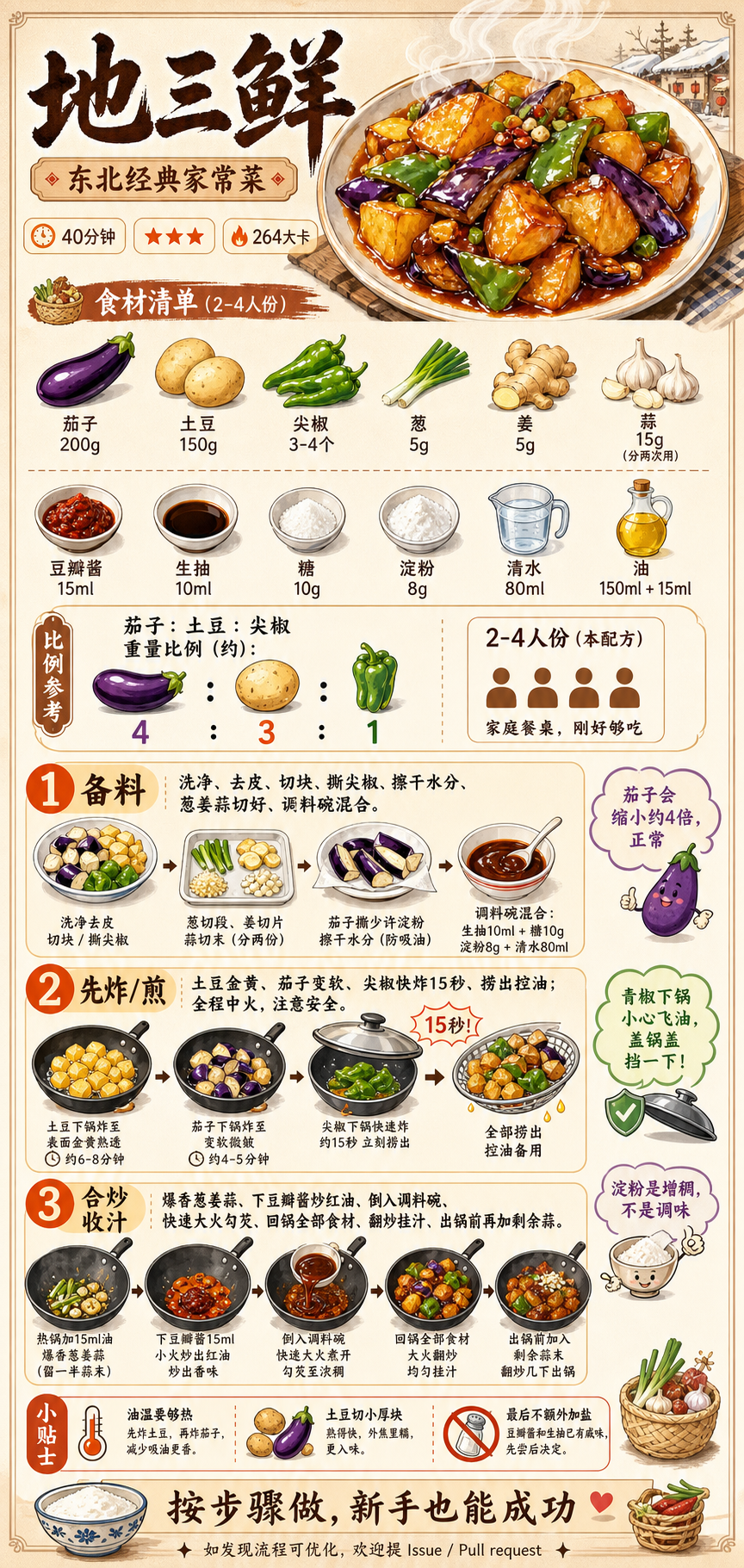 Di San Xian (Three Earthly Delicacies) — ingredients and steps overview
