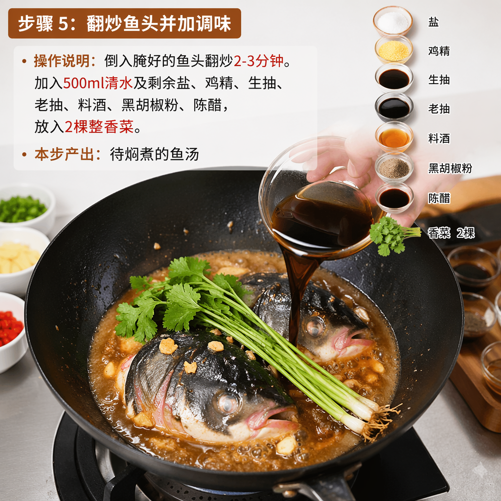 Step 5: Stir-Fry the Fish Head and Add Seasonings