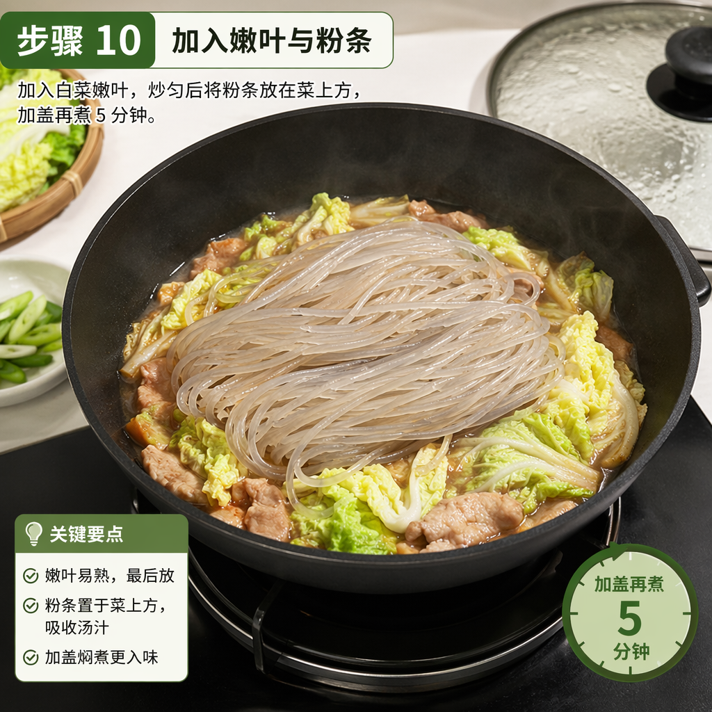 Step 10: Add the Tender Leaves and Glass Noodles